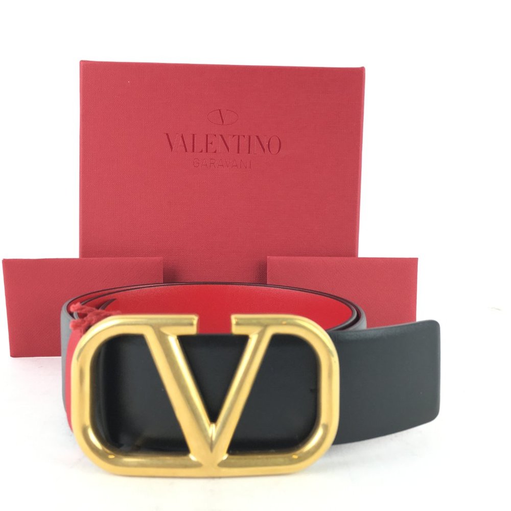 Valentino Reversible VLogo Signature Belt in Glossy Calfskin SZ 32